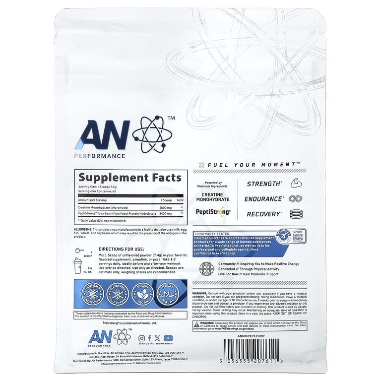 AN Supps, Креатин + пептид, без добавок, 444 г (15,66 унции)