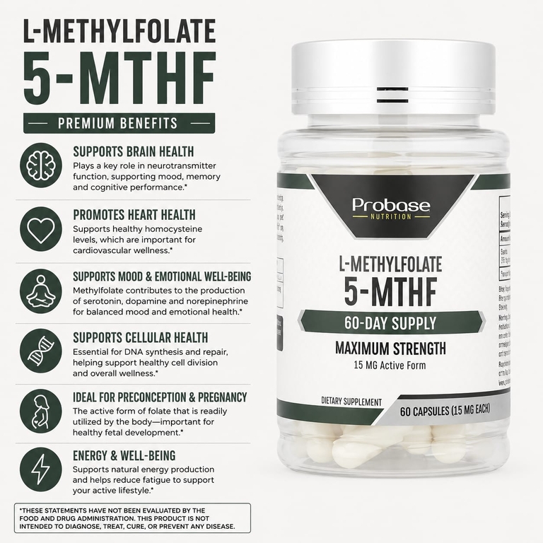 Probase Nutrition, L-метилфолат 5-МТГФ, 15 мг, 60 капсул