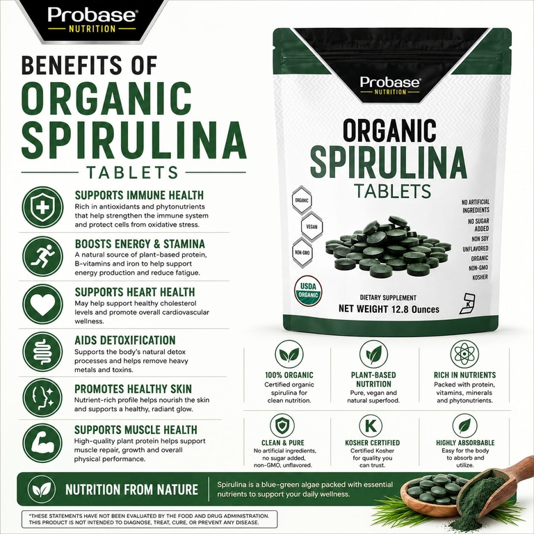 Probase Nutrition, Таблетки из органической спирулины, 12,8 унции