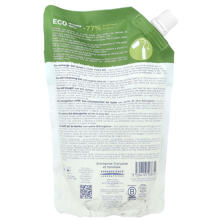 Mustela, Eco Recharge Refill, семейный, очищающий гель, для волос и тела, без отдушек, 400 мл (Товар снят с продажи) 