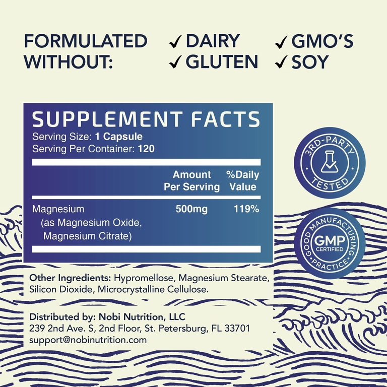 Nobi Nutrition, комплекс цитрата магния с оксидом магния, максимальное усвоение, 500 мг, 120 капсул