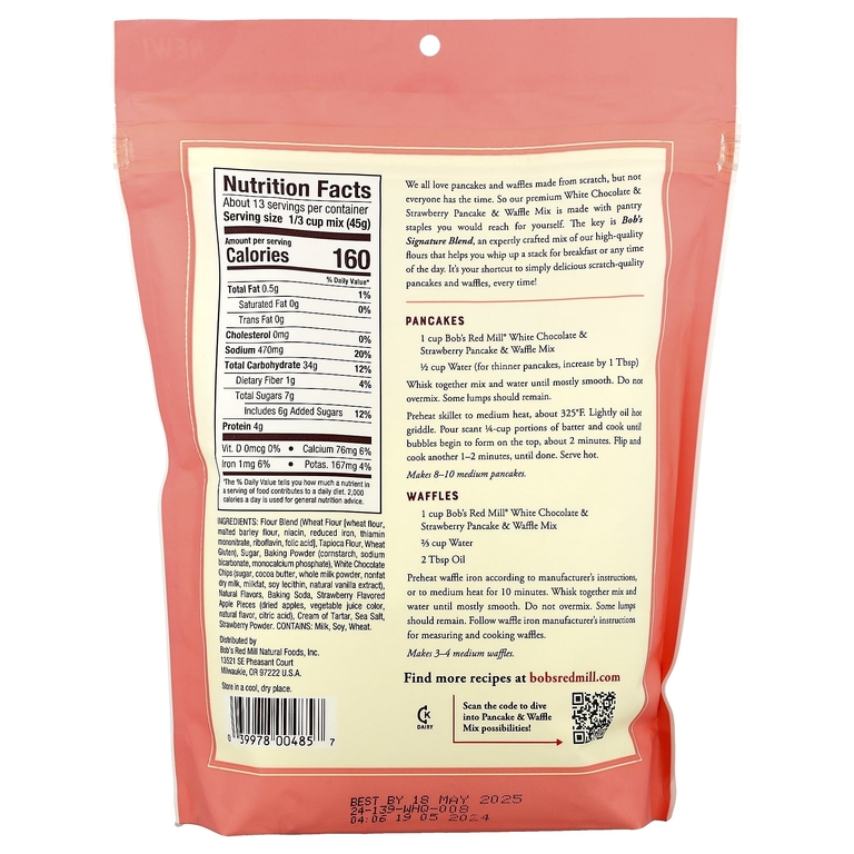 Bob's Red Mill, смесь для выпекания блинов и вафель с белым шоколадом и клубникой, 567 г (20 унций)