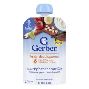 Gerber, Фруктовое пюре, йогурт и цельнозерновые, от 12 месяцев, вишня, банан и ваниль, 99 г (3,5 унции) (Товар снят с продажи) 