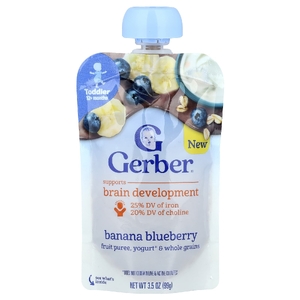 Gerber, Фруктовое пюре, йогурт и цельнозерновые, для детей от 12 месяцев, банан и голубика, 99 г (3,5 унции) (Товар снят с продажи) 