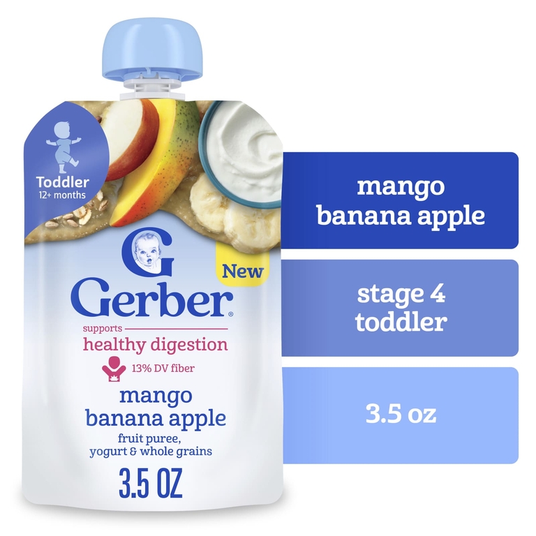 Gerber, Фруктовое пюре, йогурт и цельнозерновые, от 12 месяцев, манго, банан и яблоко, 99 г (3,5 унции) (Товар снят с продажи) 