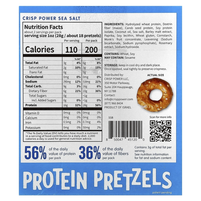 Crisp Power, Протеиновые крендели, морская соль, 6 пакетиков по 50 г (1,75 унции)