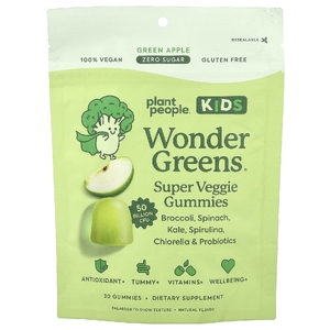 Plant People, Kids WonderGreens®, супервегетарианские жевательные таблетки, со вкусом зеленого яблока, 30 жевательных таблеток