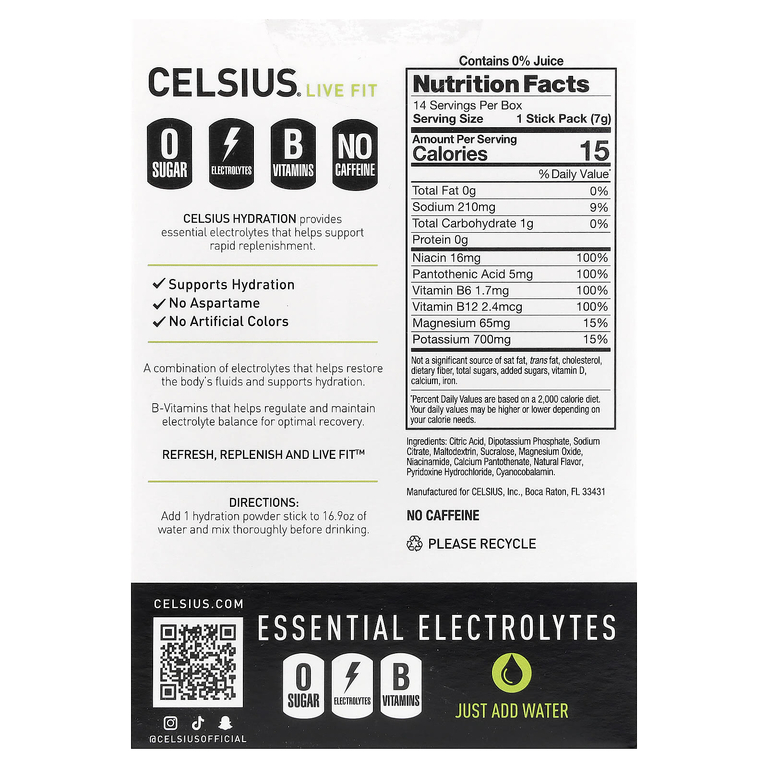 Celsius, Live Fit, увлажнение, незаменимые электролиты, без кофеина, лимон и лайм, 14 стиков в виде порошка для увлажнения, по 7,41 г (0,26 унции)