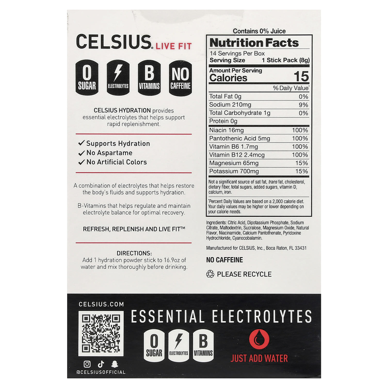 Celsius, Live Fit, увлажнение, незаменимые электролиты, без кофеина, фруктовый пунш, 14 порошковых стиков для увлажнения, 7,76 г (0,27 унции)