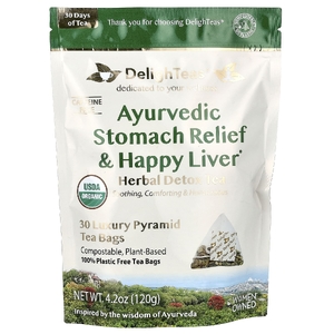 DelighTeas, Ayurvedic Stomach Relief & Happy Liver, травяной чай для выведения токсинов, без кофеина, 30 роскошных чайных пакетиков Pyramid, 120 г (4,2 унции)