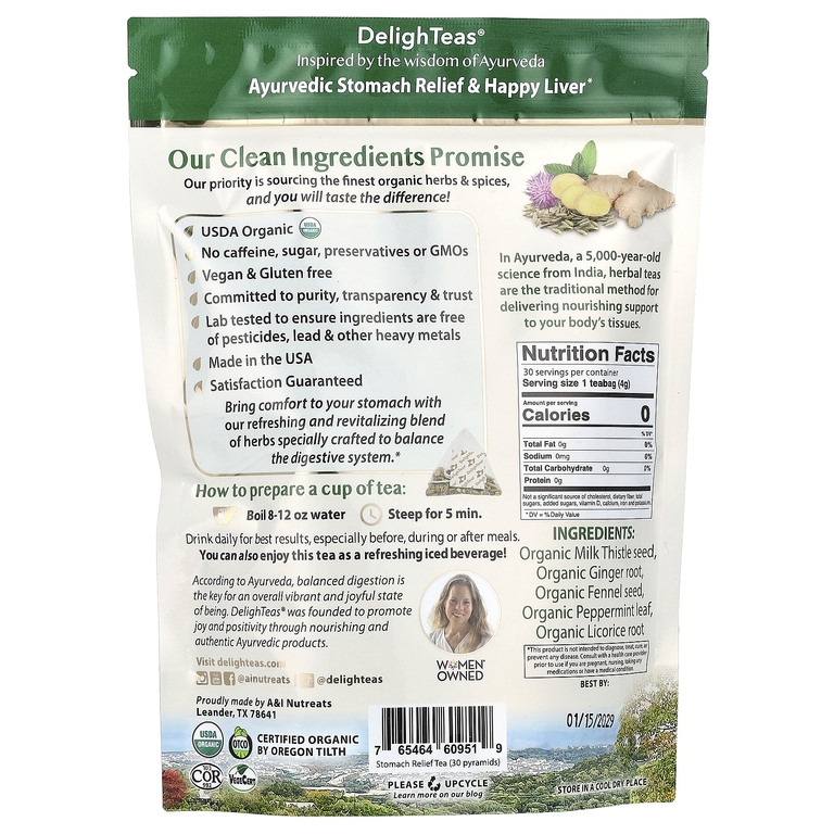 DelighTeas, Ayurvedic Stomach Relief & Happy Liver, травяной чай для выведения токсинов, без кофеина, 30 роскошных чайных пакетиков Pyramid, 120 г (4,2 унции)
