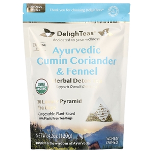 DelighTeas, Ayurvedic Cumin, Coriander & Fennel, травяной чай для выведения токсинов, без кофеина, 30 роскошных чайных пакетиков Pyramid, 120 г (4,2 унции)