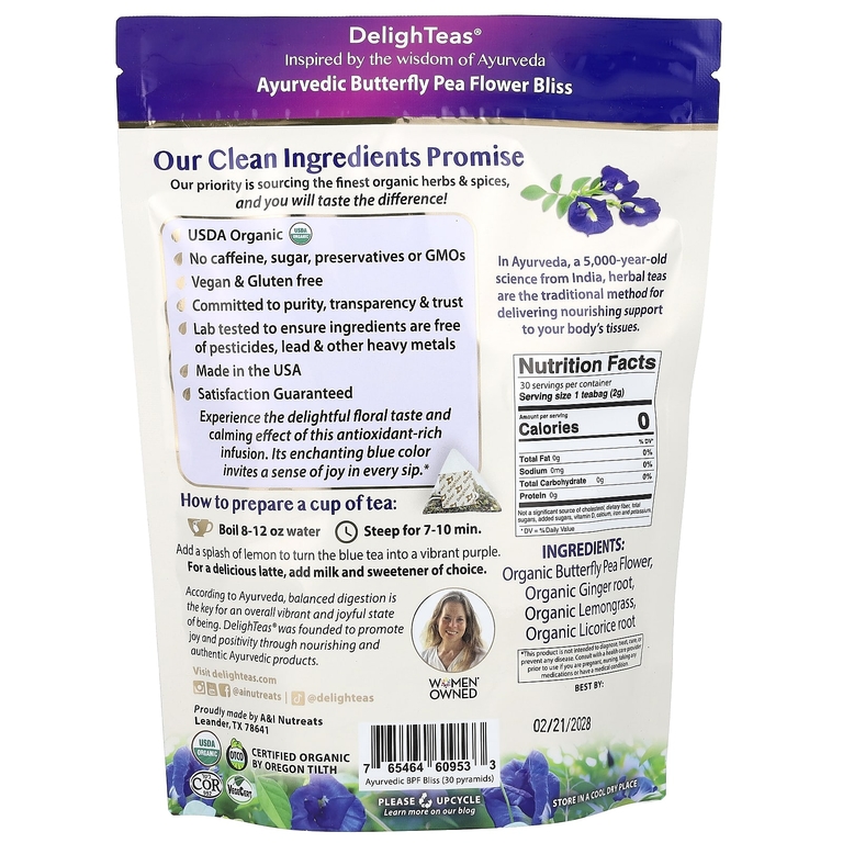 DelighTeas, Ayurvedic Butterfly Pea Flower Bliss, травяной чай, без кофеина, 30 роскошных чайных пакетиков Pyramid, 60 г (2,1 унции)