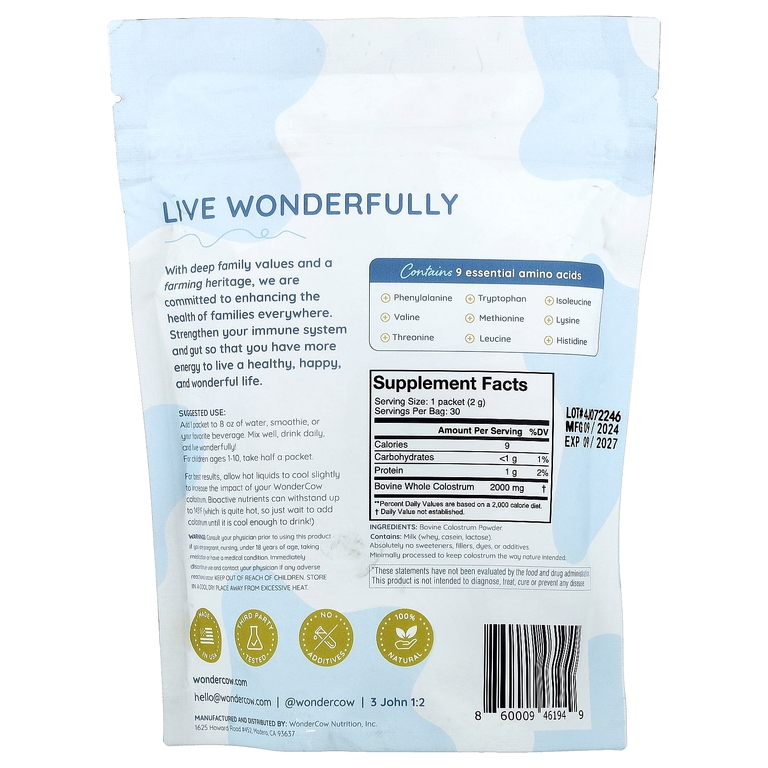 Wondercow, Молозиво в порошке, без добавок, 30 пакетиков по 2 г (0,07 унции)
