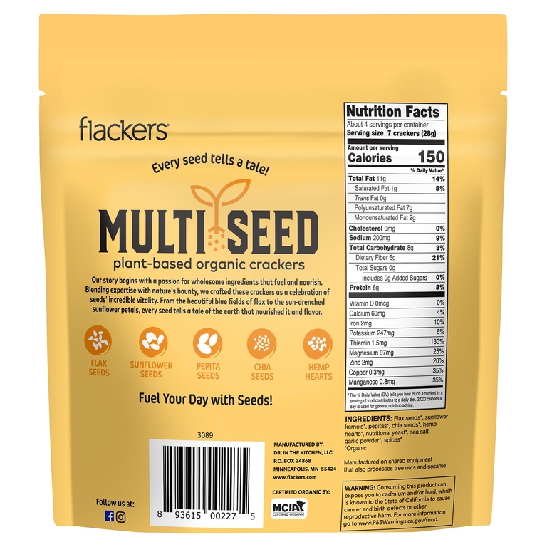 Flackers, Multi Seed, органические крекеры на растительной основе, Cheeze-Pleaze, чеснок и специи, 113 г (4 унции) (Товар снят с продажи) 