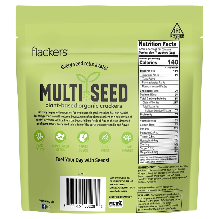 Flackers, Multi Seed, органические крекеры на растительной основе, пряный перец чили и лайм, 113 г (4 унции) (Товар снят с продажи) 