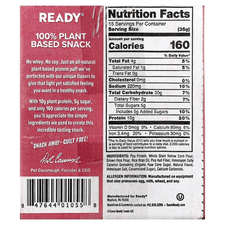 Ready, Protein Puffs, розовая гималайская морская соль, 6 пакетиков по 88 г (3,1 унции)