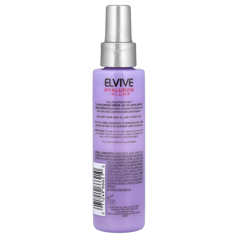 L'Oréal, Elvive, гиалуроновая кислота и упругость, сыворотка для восстановления объема волос, для сухих и обезвоженных волос, 130 мл (4,4 жидк. унции)