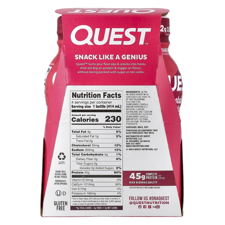 Quest Nutrition, Протеиновый молочный коктейль, клубника, 4 флакона по 414 мл (14 жидк. Унций)