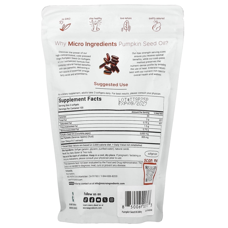 Micro Ingredients, тыквенное масло холодного отжима, 300 капсул
