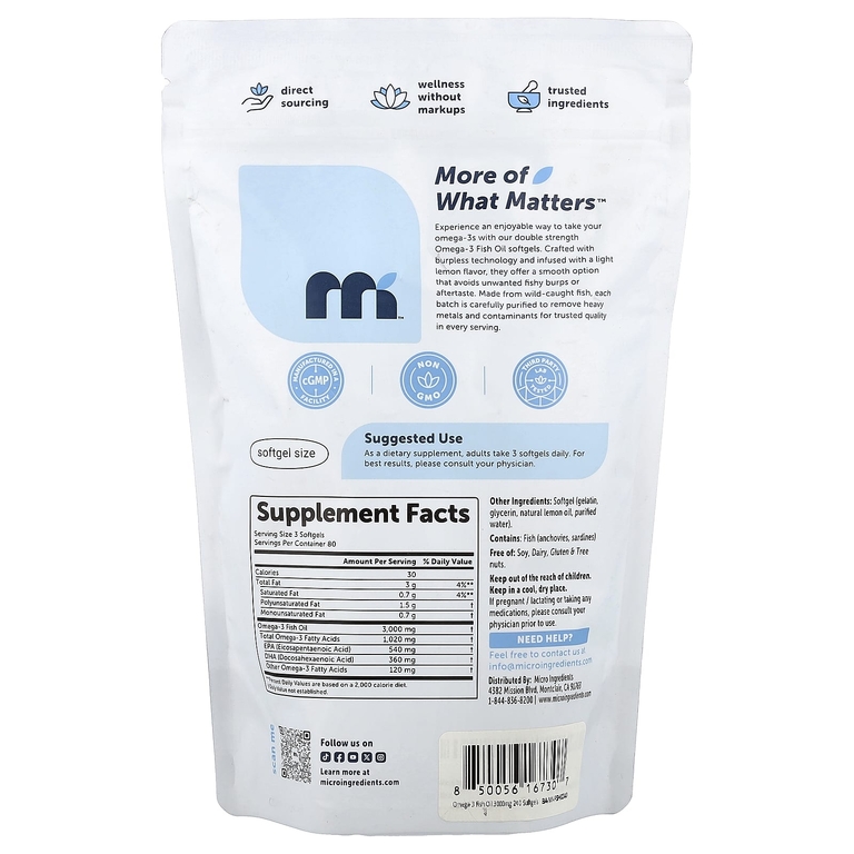 Micro Ingredients, рыбий жир с омега-3, лимон, 240 капсул (1000 мг в 1 капсуле)