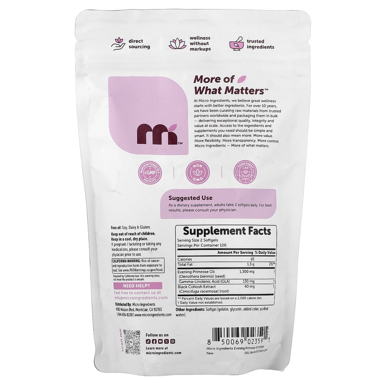 Micro Ingredients, масло примулы вечерней с воронцом кистевидным, холодного отжима, 240 мини-капсул
