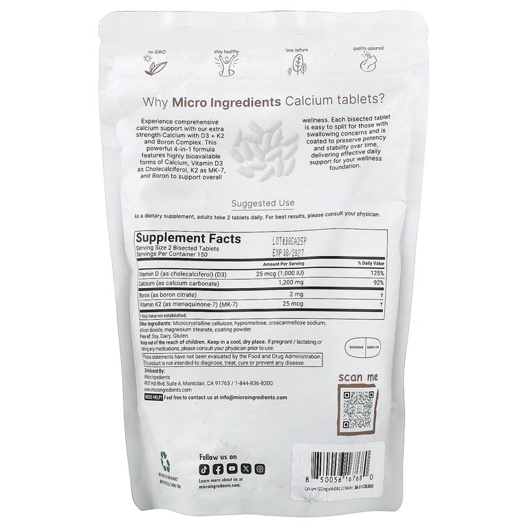 Micro Ingredients, кальций с витаминами D3, K2 и бором, 300 таблеток, разделенных на части