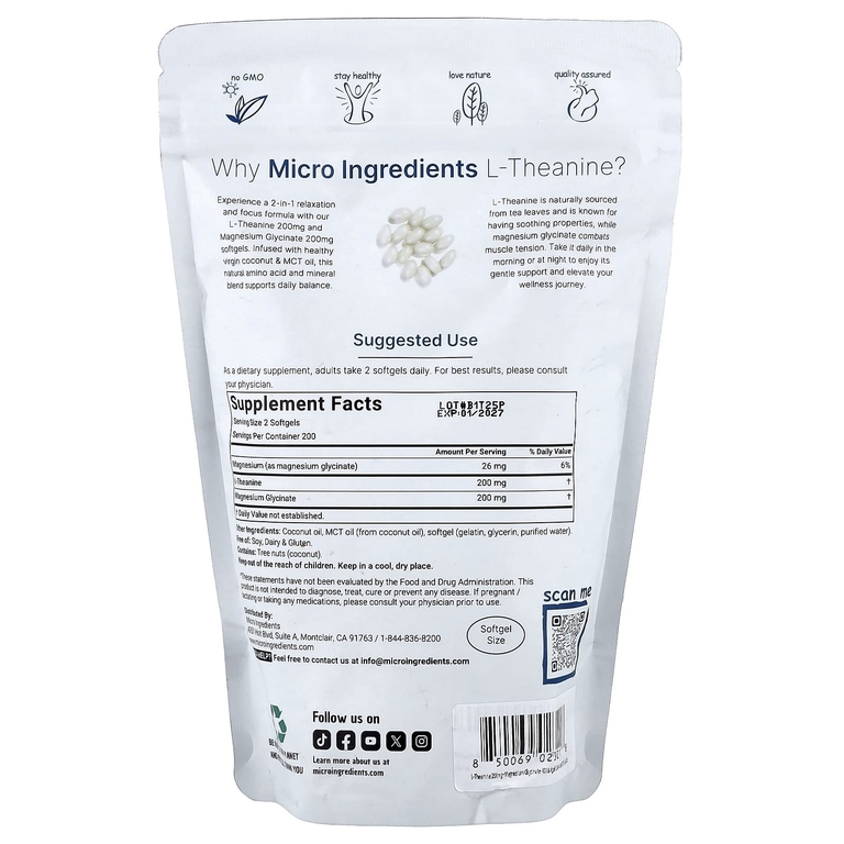 Micro Ingredients, L-теанин + глицинат магния, 400 мягких таблеток