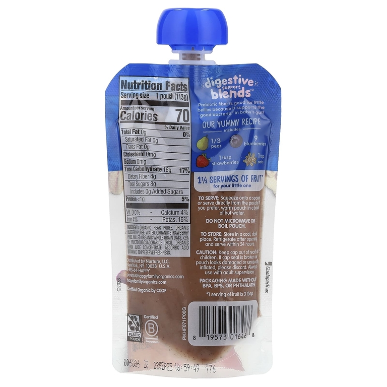 Happy Family Organics, Happy Baby®, смесь для поддержки пищеварения™, для детей от 6 месяцев, органические груши, голубика, клубника и овес, 113 г (4 унции)