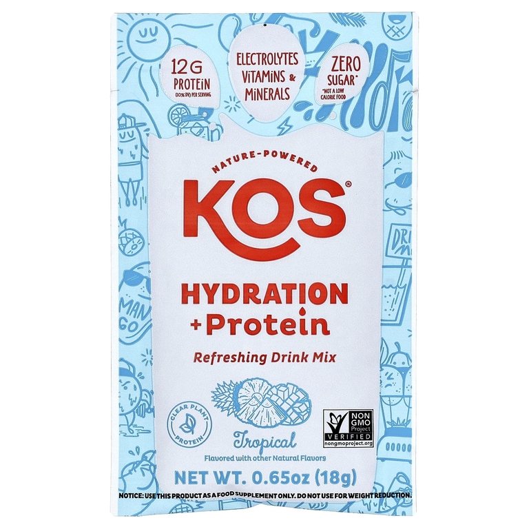 KOS, Hydration + Protein, освежающая смесь для напитков, тропические фрукты, 7 пакетиков по 18 г (0,65 унции) (Товар снят с продажи) 