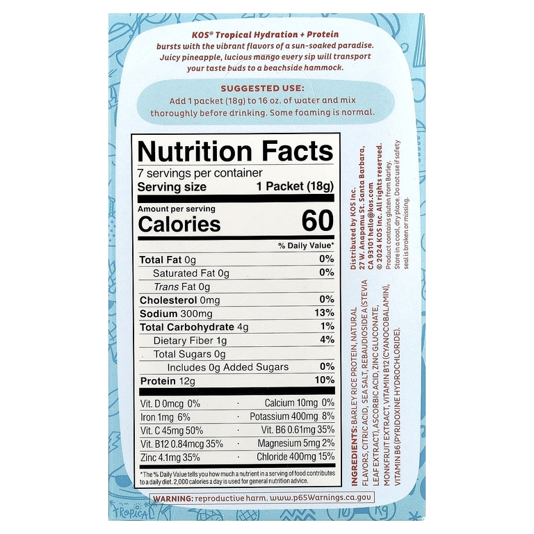 KOS, Hydration + Protein, освежающая смесь для напитков, тропические фрукты, 7 пакетиков по 18 г (0,65 унции) (Товар снят с продажи) 