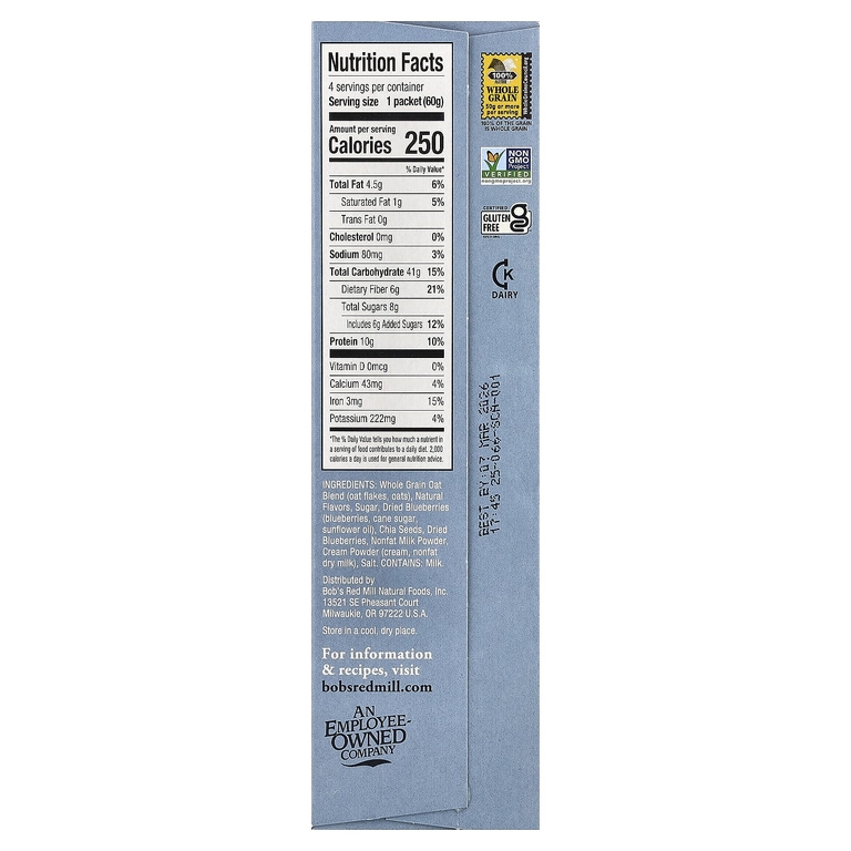 Bob's Red Mill, Overnight Protein Oats, цельнозерновые продукты, голубика и сливки, 4 пакетика по 60 г (2,12 унции)