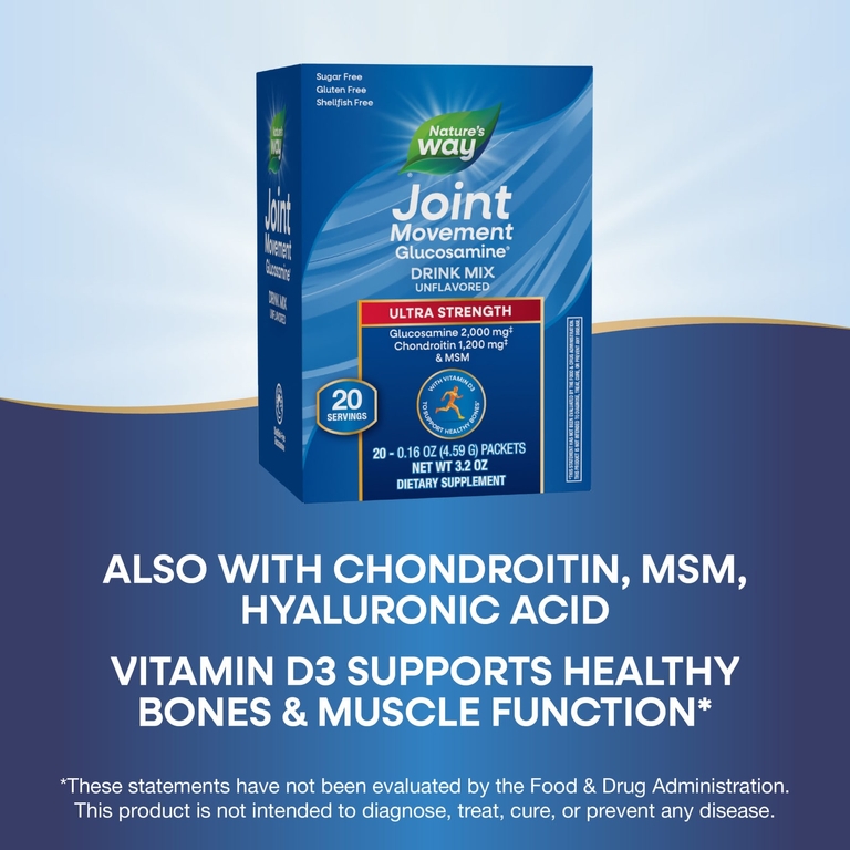 Nature's Way, Joint Movement Glucosamine®, смесь для приготовления напитков, с повышенной силой действия, без ароматизаторов, 20 пакетиков по 4,56 г (0,16 унции)