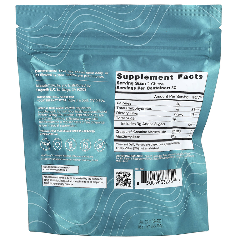 Organifi, Creatine Chews™, со вкусом вишни, 60 жевательных таблеток