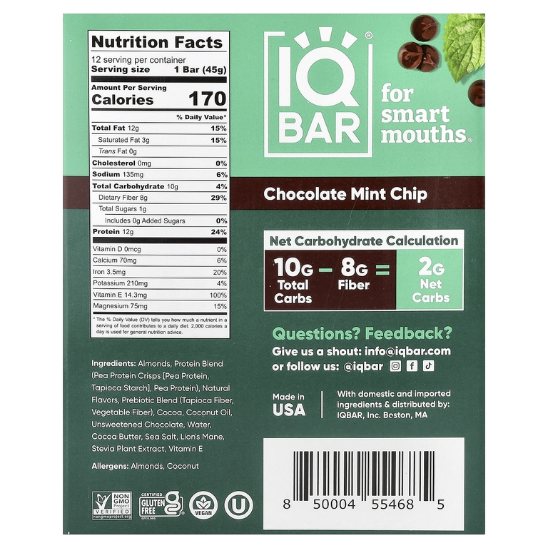 IQBAR, батончик растительного протеина, со вкусом шоколадной крошки и мяты, 12 батончиков по 45 г (1,6 унции)
