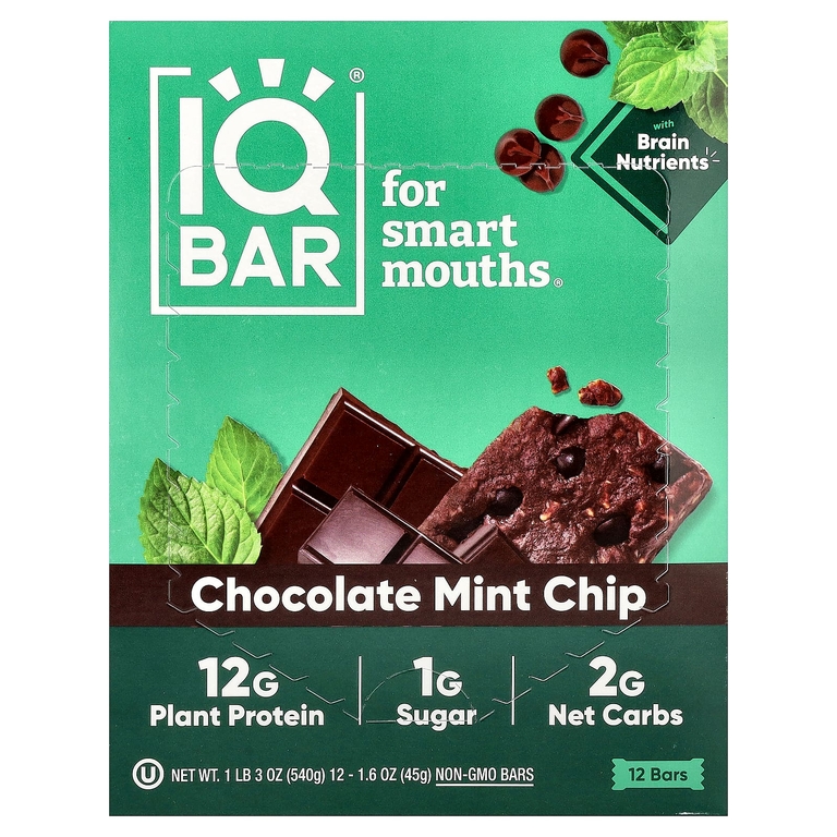 IQBAR, батончик растительного протеина, со вкусом шоколадной крошки и мяты, 12 батончиков по 45 г (1,6 унции)