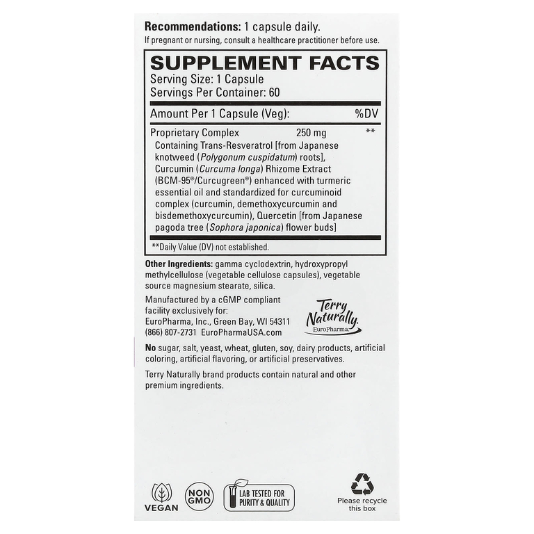 Terry Naturally, комплекс с ресвератролом с куркумином Bcm-95® и кверцетином, 60 капсул