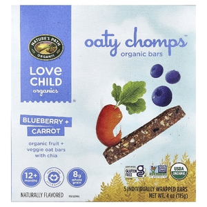 Love Child Organics, Nature's Path, органические батончики Oaty Chomps™, для детей от 12 месяцев, голубика и морковь, 5 батончиков в индивидуальной упаковке, 23 г (0,8 унции)