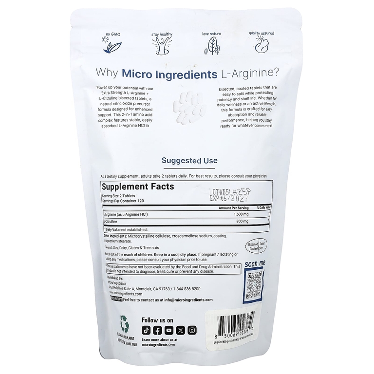 Micro Ingredients, L аргинин + L-цитруллин, 240 разделенных на части таблеток