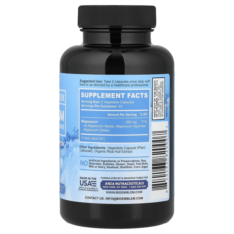 BioEmblem, магний, комплекс тройного действия, 90 растительных капсул