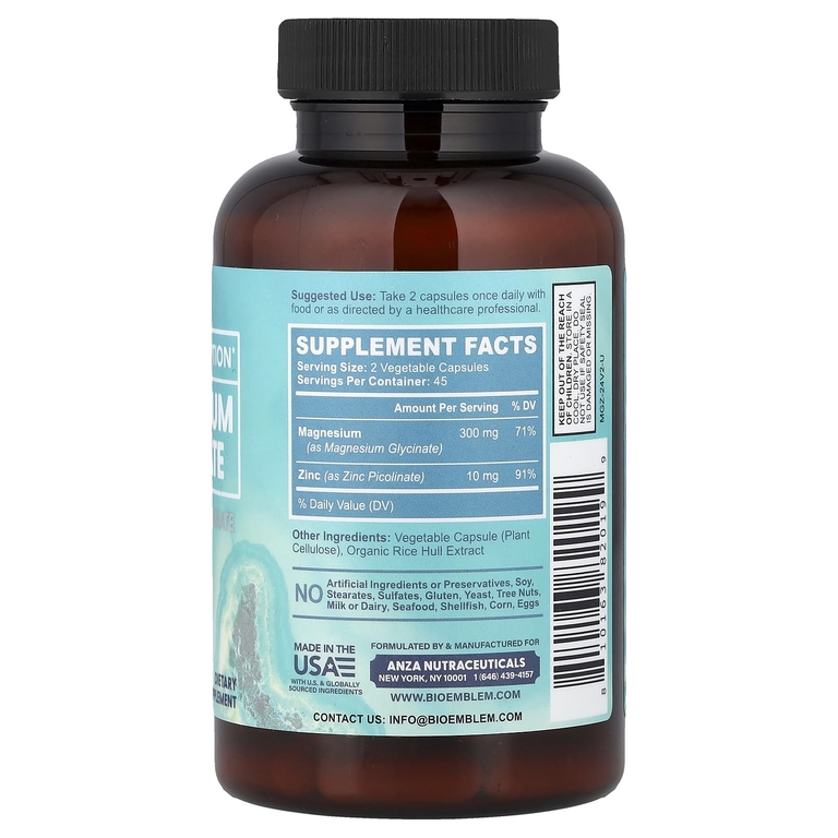 BioEmblem, глицинат магния с пиколинат цинка, 90 растительных капсул