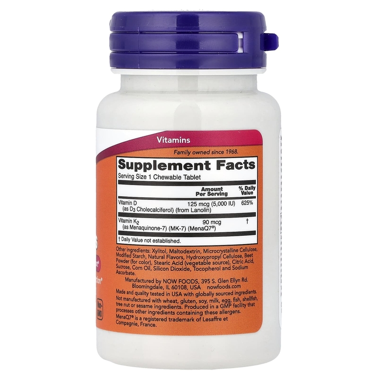 NOW Foods, D3 и K2, жевательные таблетки, 90 жевательных таблеток