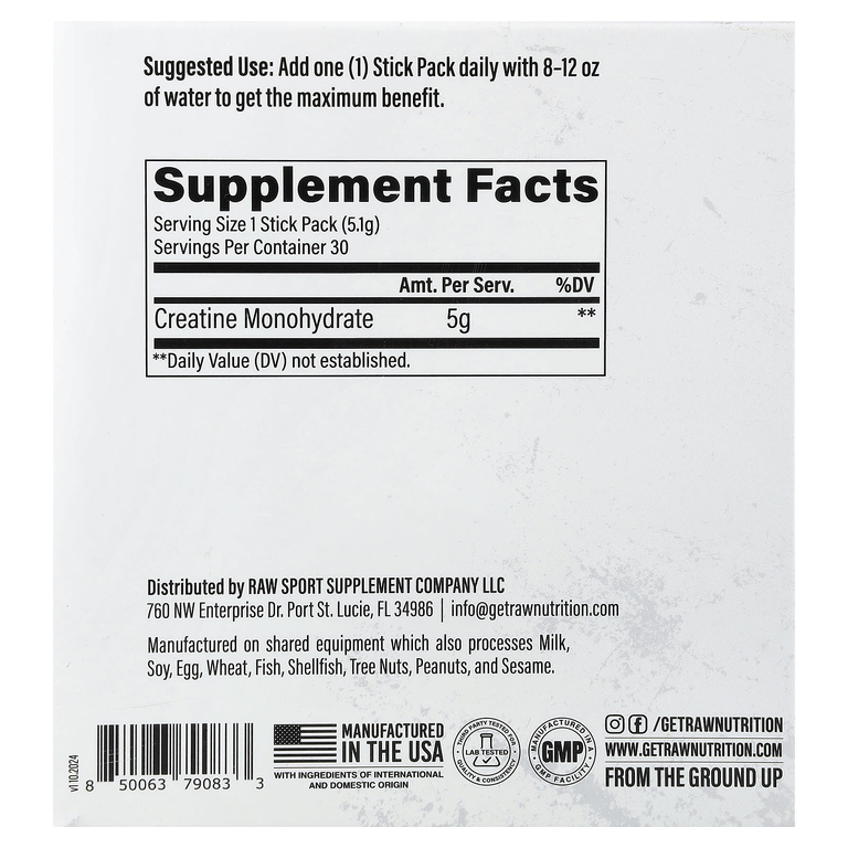 Raw Nutrition, Essentials, моногидрат креатина, без добавок, 30 пакетиков по 5,1 г (0,18 унции)