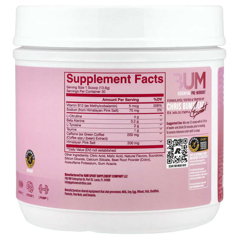 Raw Nutrition, Bum Essentials, предтренировочный комплекс, со вкусом малины и кремовой пасты, 408 г (14,39 унции)