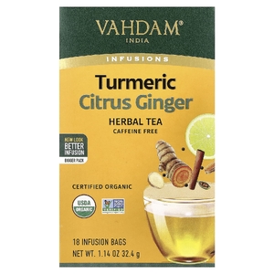 Vahdam Teas, Infusions, травяной чай, куркума и имбирь, без кофеина, 18 пакетиков для заваривания, 32,4 г (1,14 унции)
