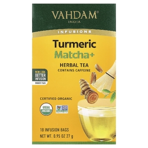 Vahdam Teas, Infusions, травяной чай, куркума и матча, 18 пакетиков для заваривания, 27 г (0,95 унции)