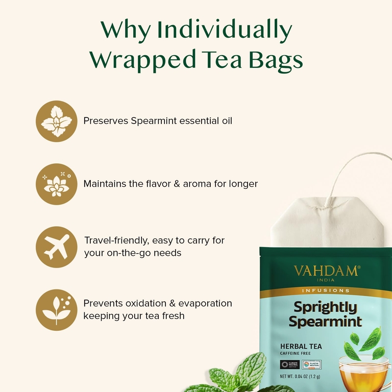 Vahdam Teas, Infusions, травяной чай, мята колосистая, без кофеина, 100 пакетиков для заваривания, 120 г (4,23 унции)