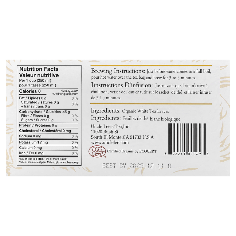 Uncle Lee's Tea, Органический белый чай, 100 чайных пакетиков, 150 г (5,29 унции)