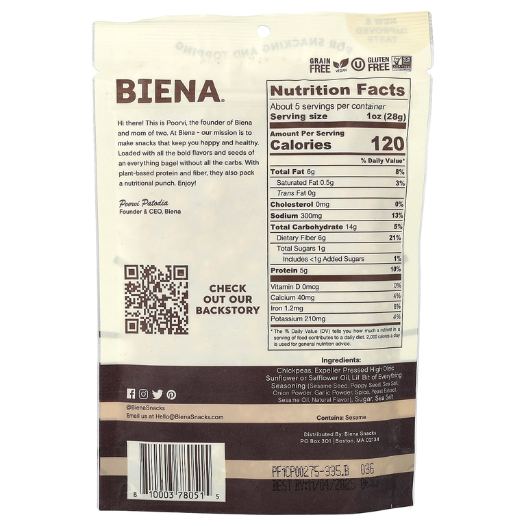 BIENA, снеки из нута, Lil' Bit Of Everyone®, 142 г (5 унций)