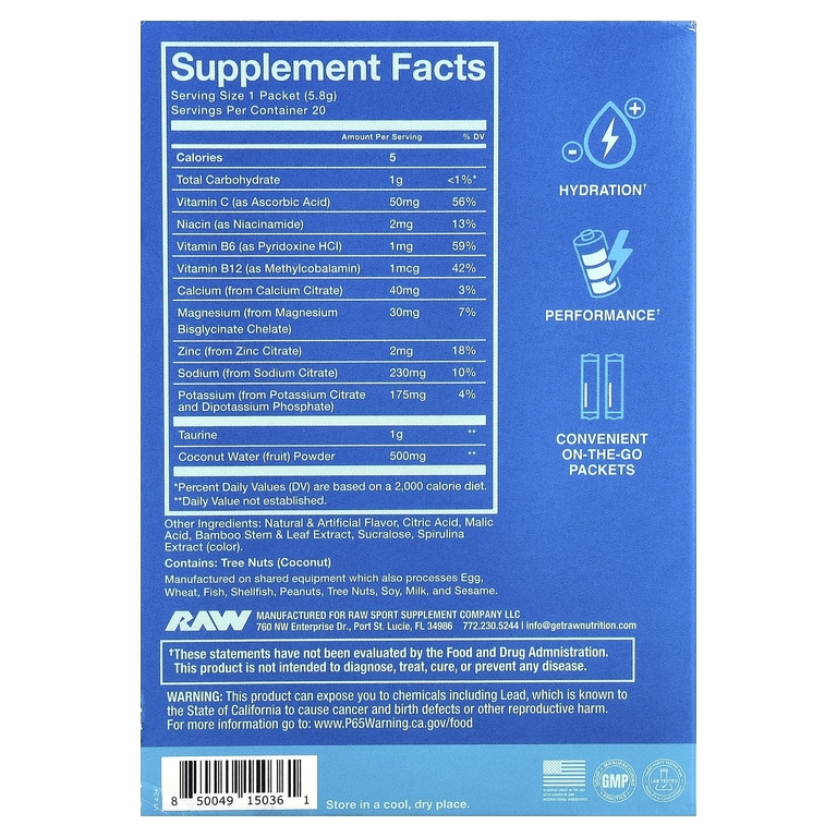 Raw Nutrition, Bum, Hydration, электролитная формула, со вкусом голубой малины, 20 пакетиков по 6,1 г (0,22 унции) (Товар снят с продажи) 